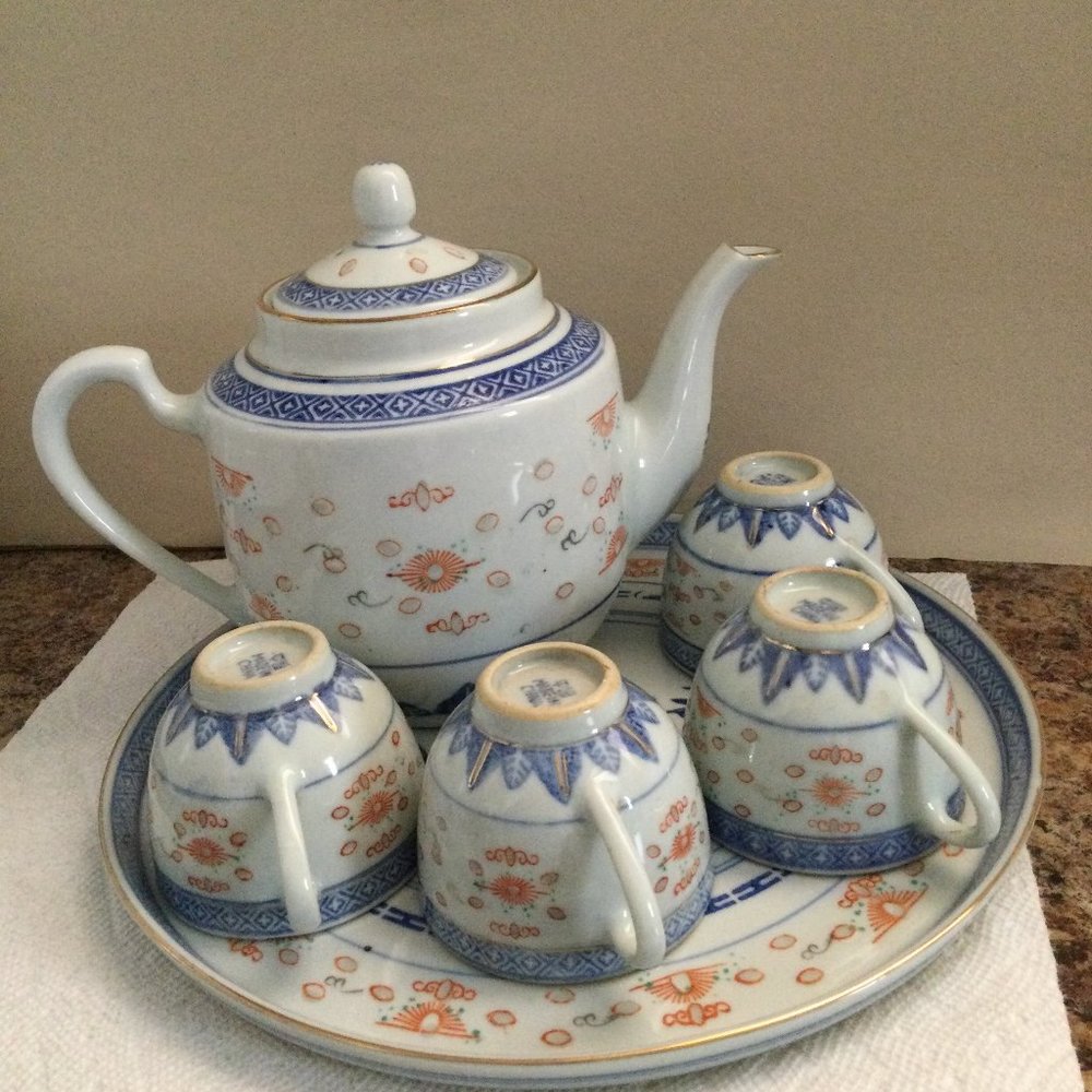 Vintage Chinese linglong porcelain tea tray , teapot and 4 tea cups lot